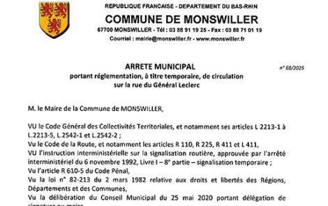 Arrêté municipal portant réglementation, à titre temporaire, de circulation sur la rue du Général Leclerc