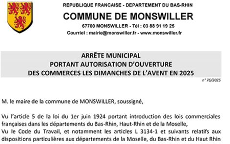 Arrêté municipal portant autorisation d'ouverture des commerces les dimanches de l'Avent en 2025
