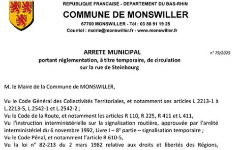 Arrêté portant règlementation, à titre temporaire, de la circulation des piétons rue de Steinbourg