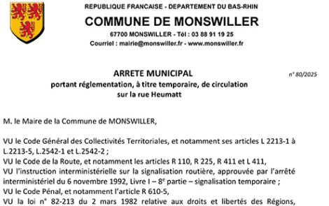 Arrêté portant règlementation, à titre temporaire, de la circulation rue Heumatt