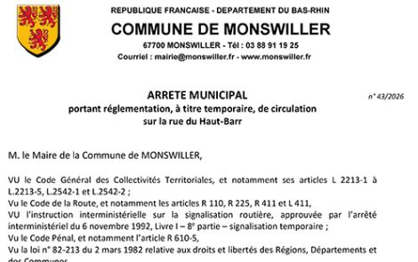 Arrêté portant règlementation, à titre temporaire, de la circulation rue du Haut-Barr