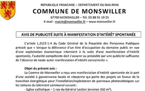 AVIS DE PUBLICITÉ SUITE À MANIFESTATION D’INTÉRÊT SPONTANÉE