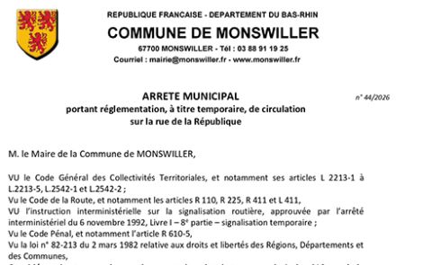 Arrêté portant règlementation, à titre temporaire, de la circulation rue de la République